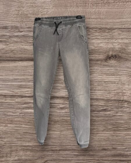Kids Grey Denim Joggers Elasticated Waist Drawcord Cuffed Bottoms 12-13yrs