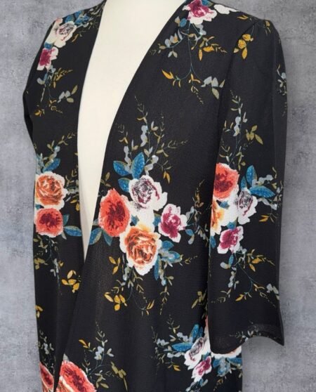 Kimono Beach Cover Up Black Floral Textured Fabric Size M