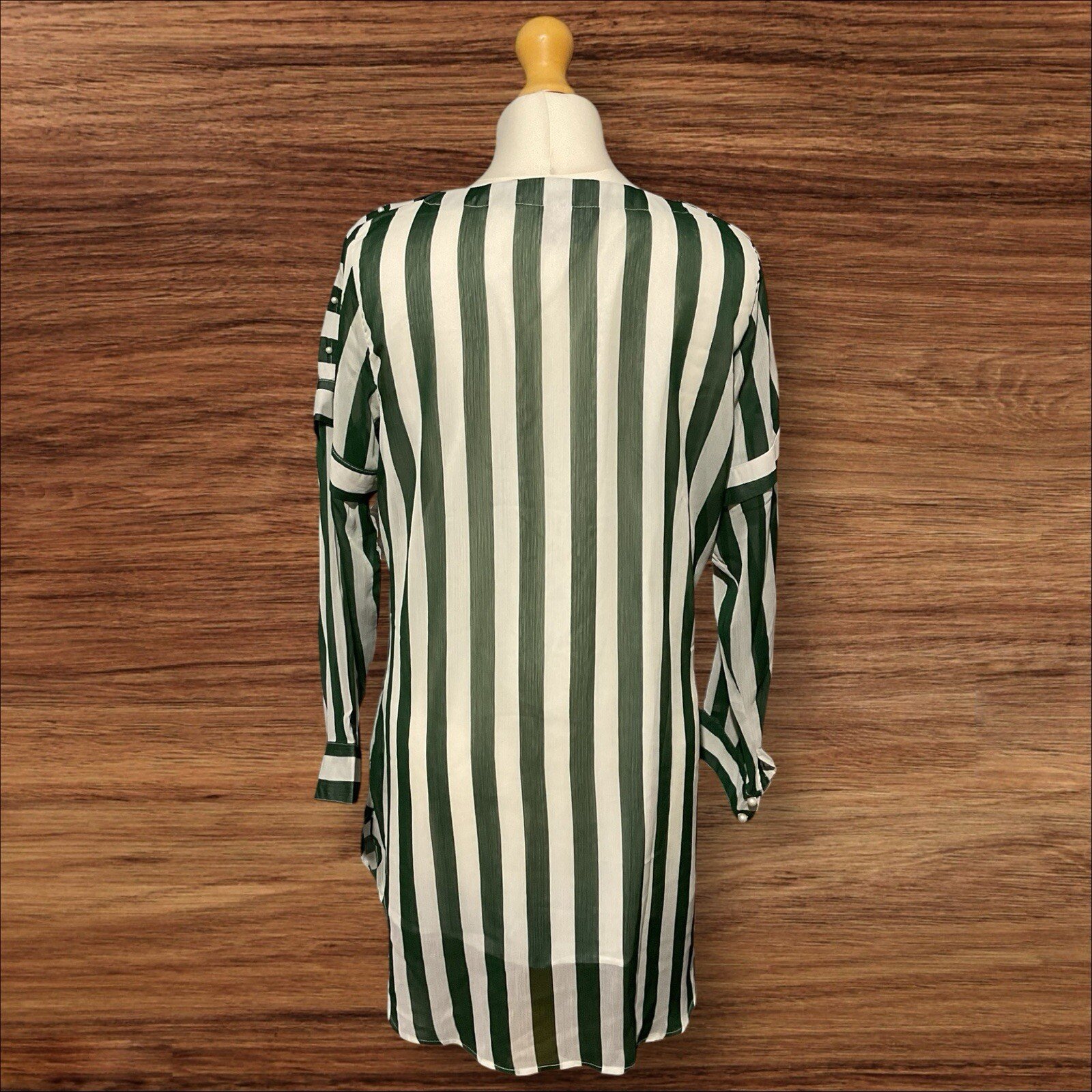 Lined Dress/Tunic Cream/Green Stripe Pearl Detail To Sleeve Tie Front Size M