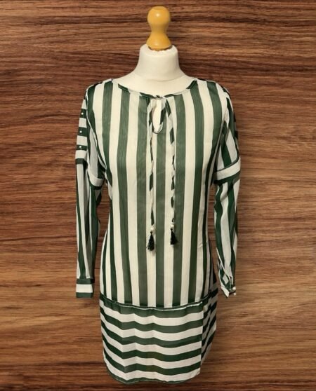 Lined Dress/Tunic Cream/Green Stripe Pearl Detail To Sleeve Tie Front Size M