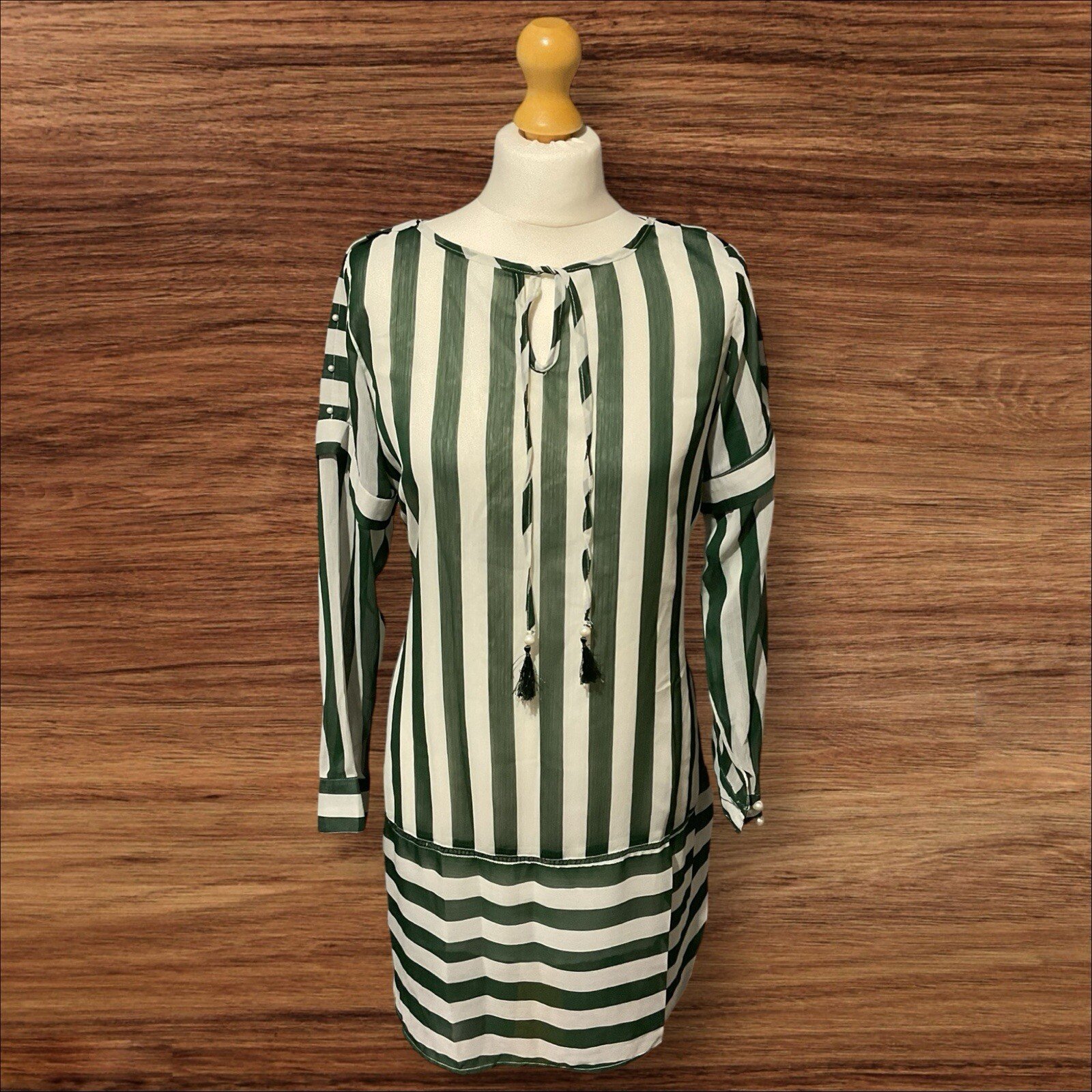 Lined Dress/Tunic Cream/Green Stripe Pearl Detail To Sleeve Tie Front Size M