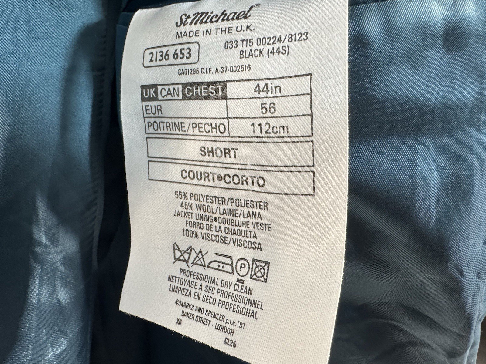 M&S Black Single Breast Tuxedo Jacket Size 44