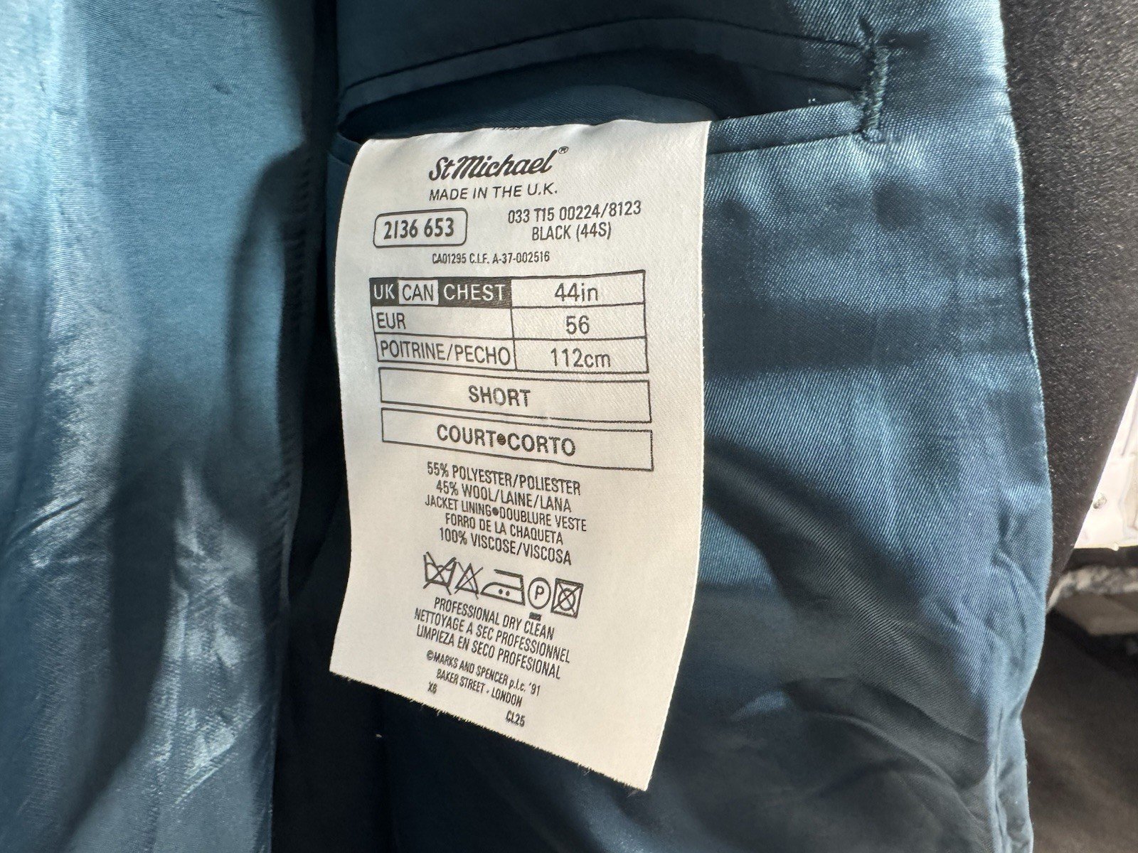 M&S Black Single Breast Tuxedo Jacket Size 44