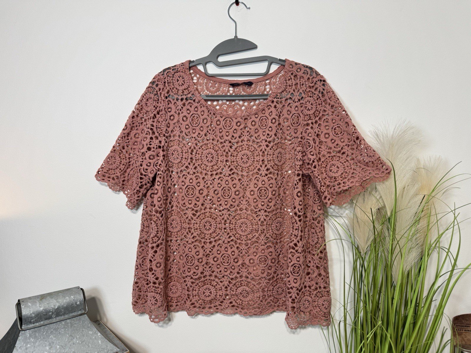 M&S Rose Pink Lace Effect Short Sleeve Relaxed Fit Blouse Size M/L