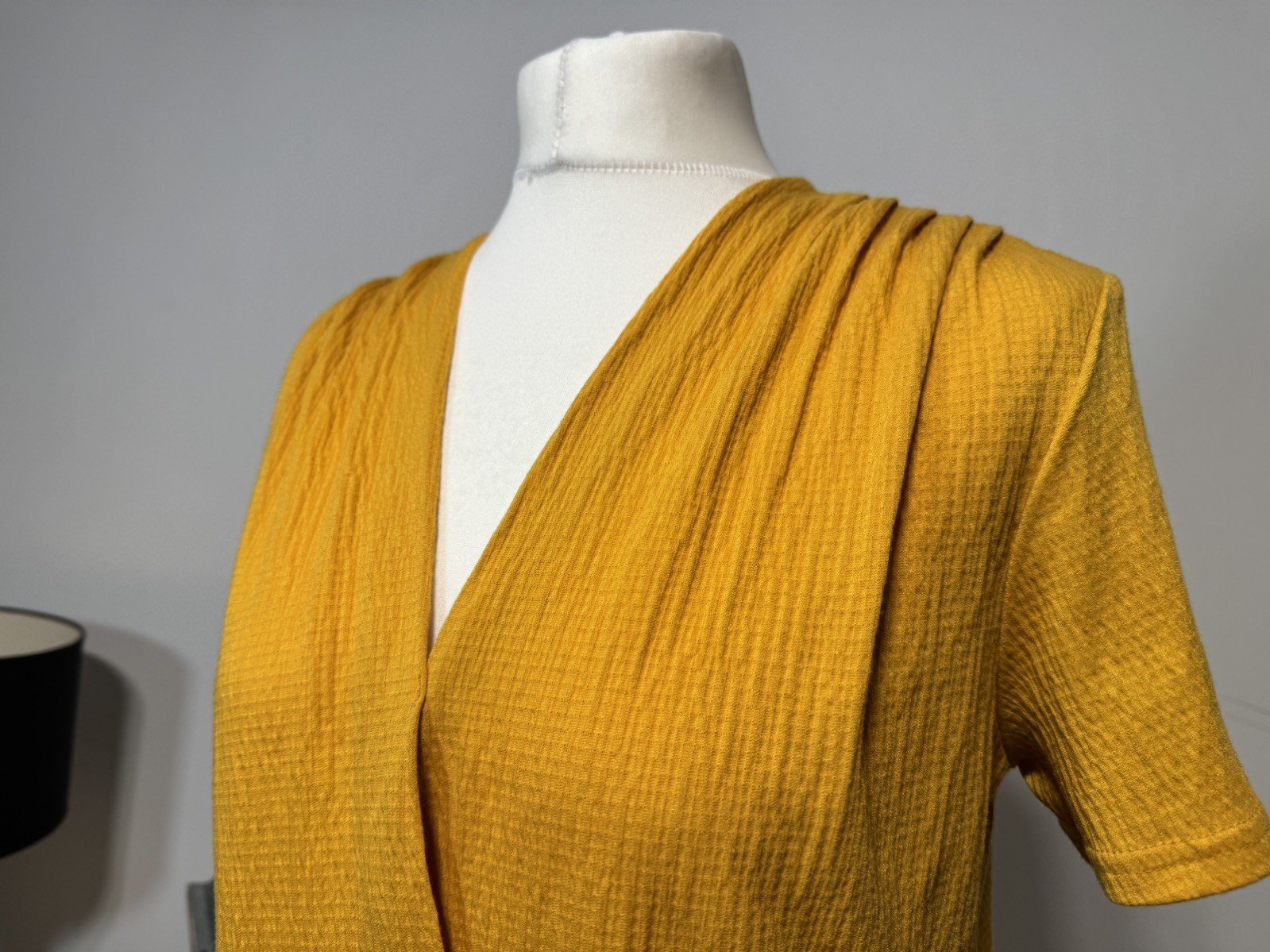 Mustard Crinkle Wrap Effect Blouse Elasticated Waist Gather Shoulders 10