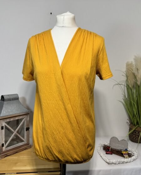 Mustard Crinkle Wrap Effect Blouse Elasticated Waist Gather Shoulders 10