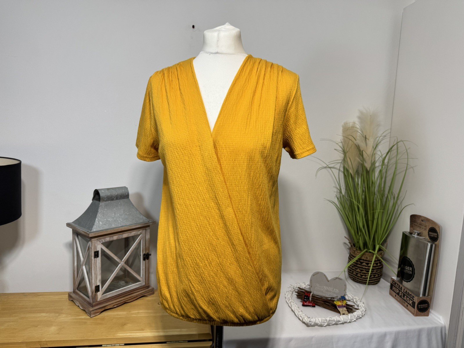 Mustard Crinkle Wrap Effect Blouse Elasticated Waist Gather Shoulders 10
