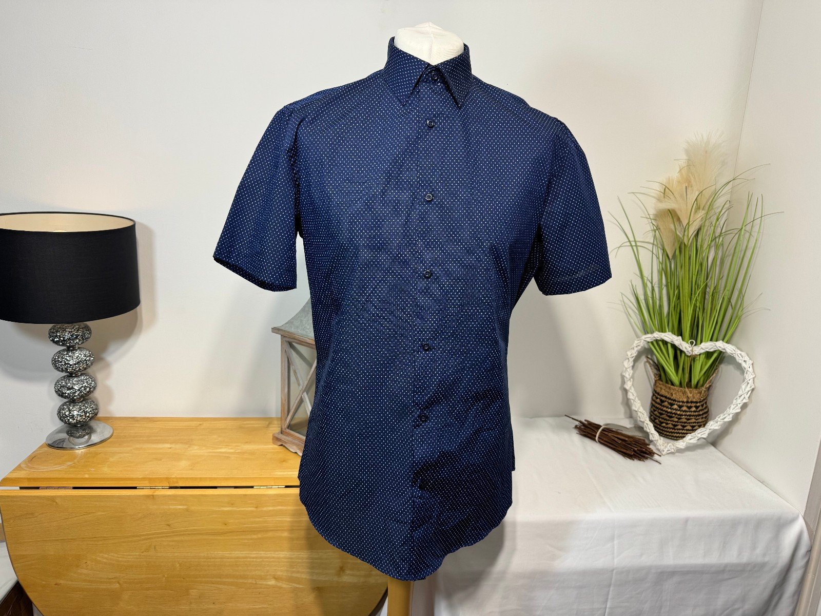 Navy Diamond Print Short Sleeve Regular Fit Shirt Neck 16.5