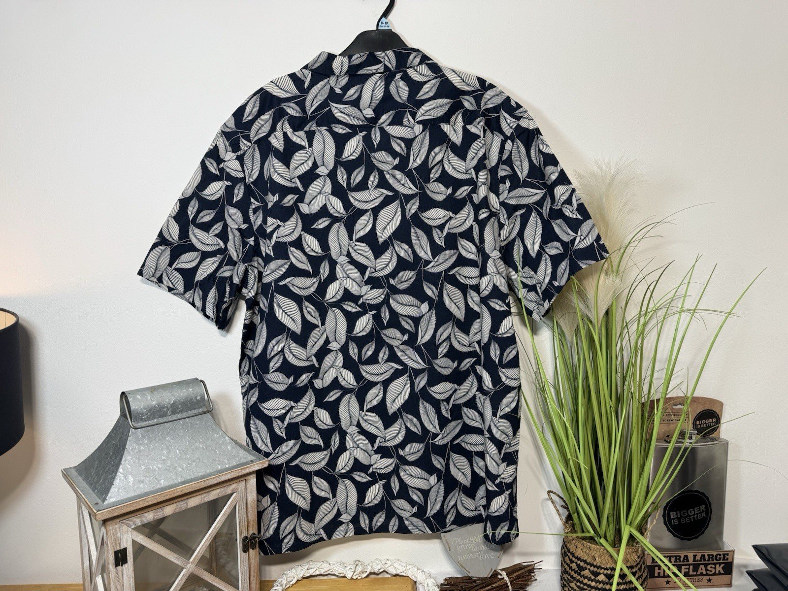 Navy Leaf Print Open Neck Short Sleeve Relaxed Fit Shirt Size 2XL