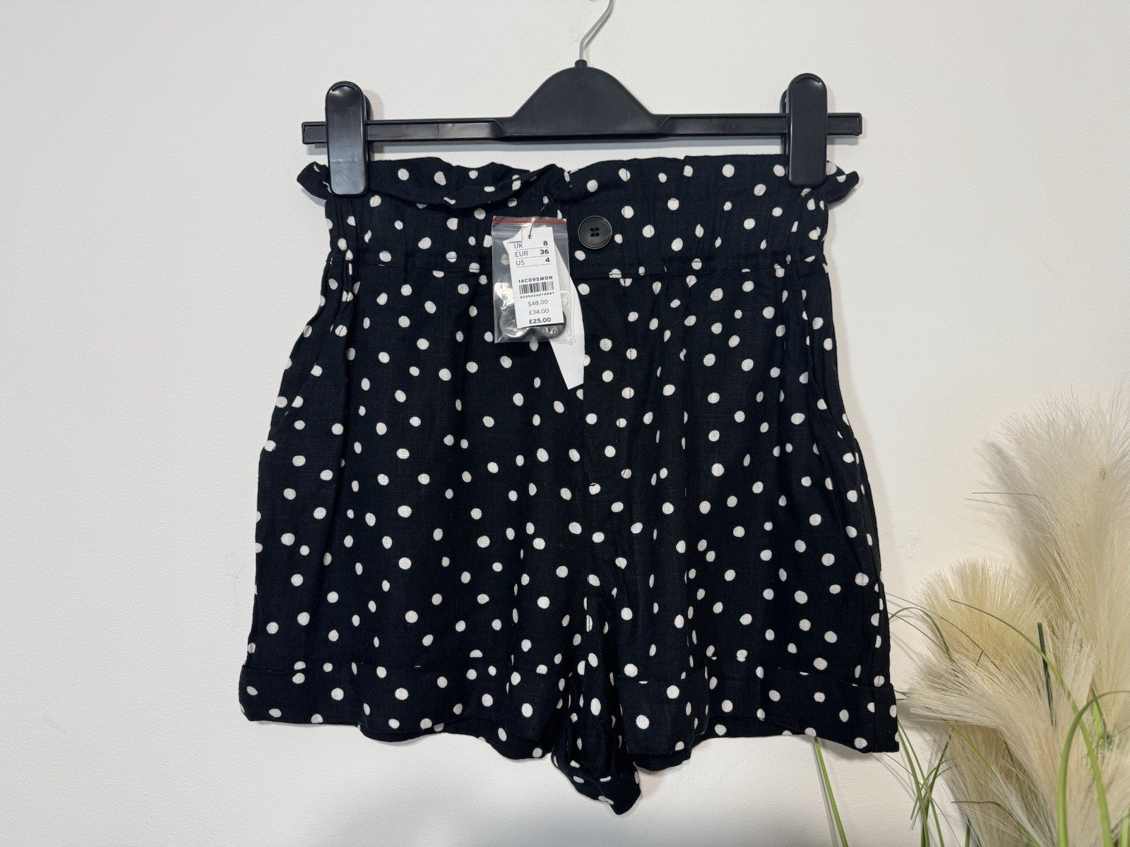 New Look Black Linen Blend Polka Dot High Waisted Shorts Size 8