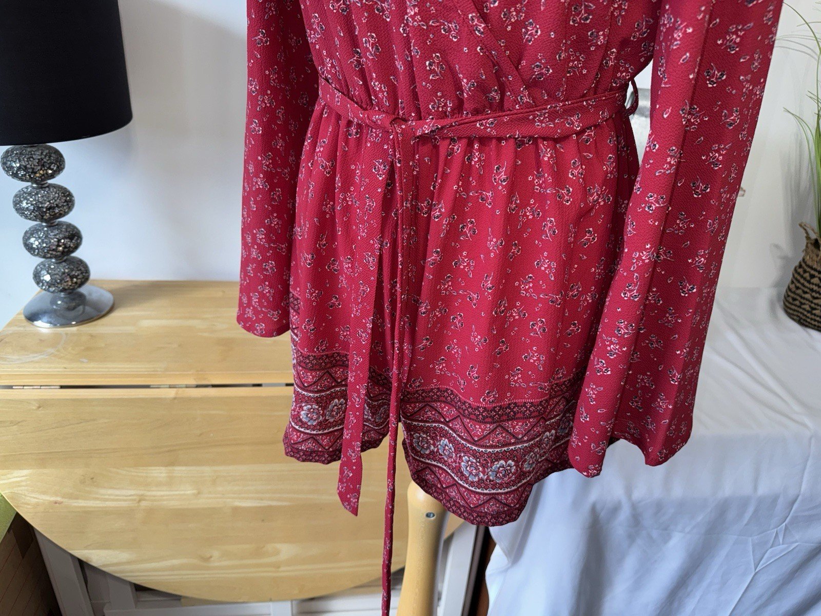 New Look Petite Red Playsuit With Floral Pattern Bell Sleeve Tie Waist Size 12
