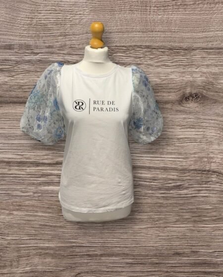 River Island White T Shirt Balloon Sheer Sleeves Front Motif Size 12