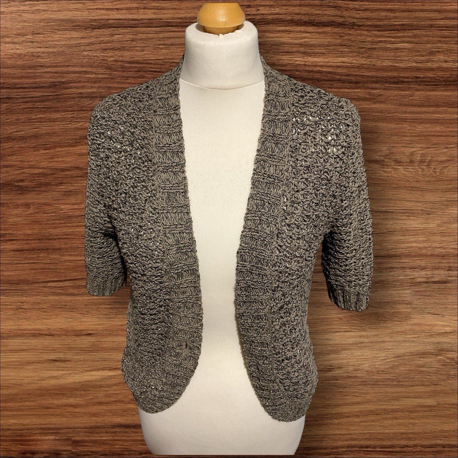 Vanilla Sands Grey Fleck Chunky Knit Bolero Short Sleeves Open Front Size 14