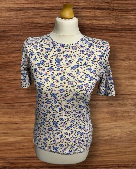 Womens M&S Ivory Top With Floral Pattern Short Sleeve Round Neck Size 10