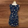 Womens Tenki lined Blue Dress Bird Detail Flared Skirt Sleeveless Tie Waist S10