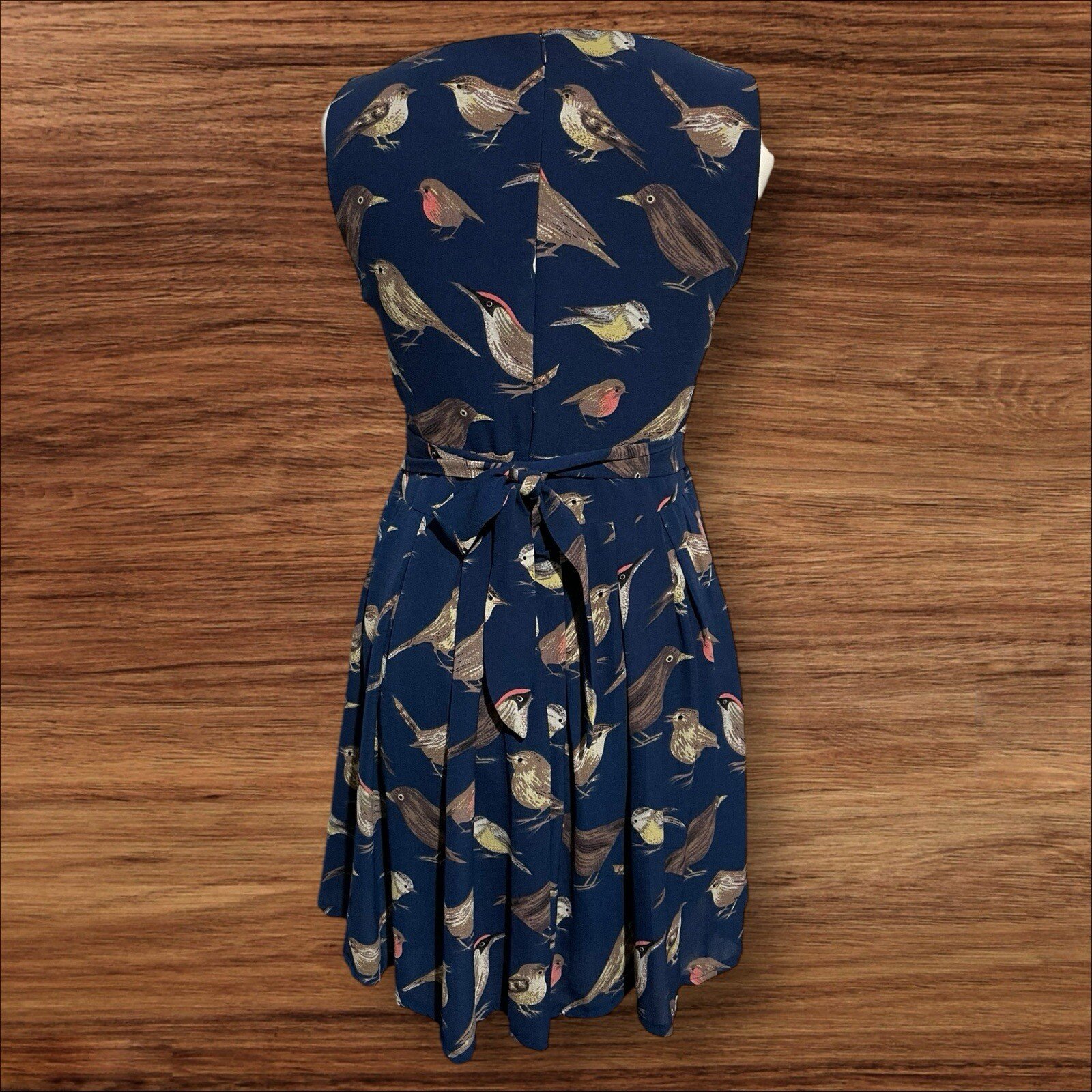 Womens Tenki lined Blue Dress Bird Detail Flared Skirt Sleeveless Tie Waist S10